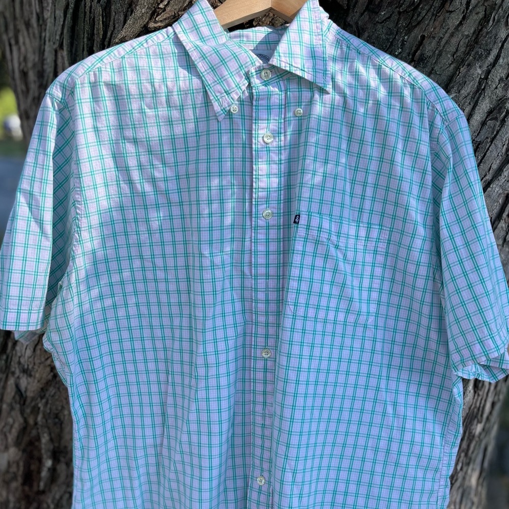 Men’s Brooks Bro’s button down shirt, mint and pink plaid